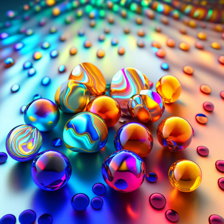 Vibrant metallic water droplets on reflective iridescent surface