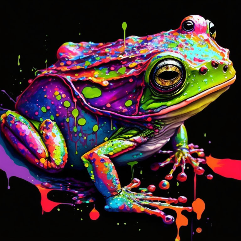 Colorful digital artwork: Neon-painted frog on black background