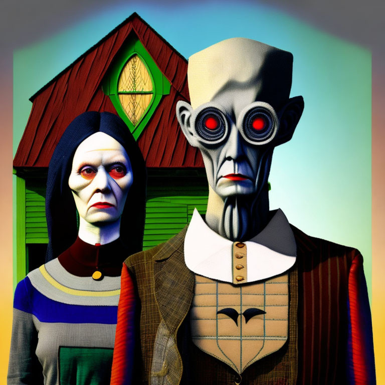 Stylized characters with exaggerated features in front of colorful house