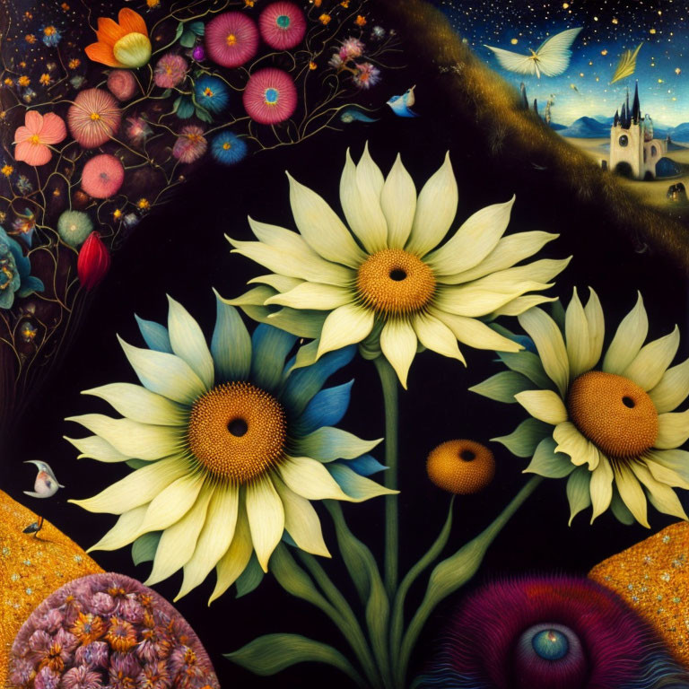 Colorful painting of oversized daisies, starry sky, flowers, castle, and birds