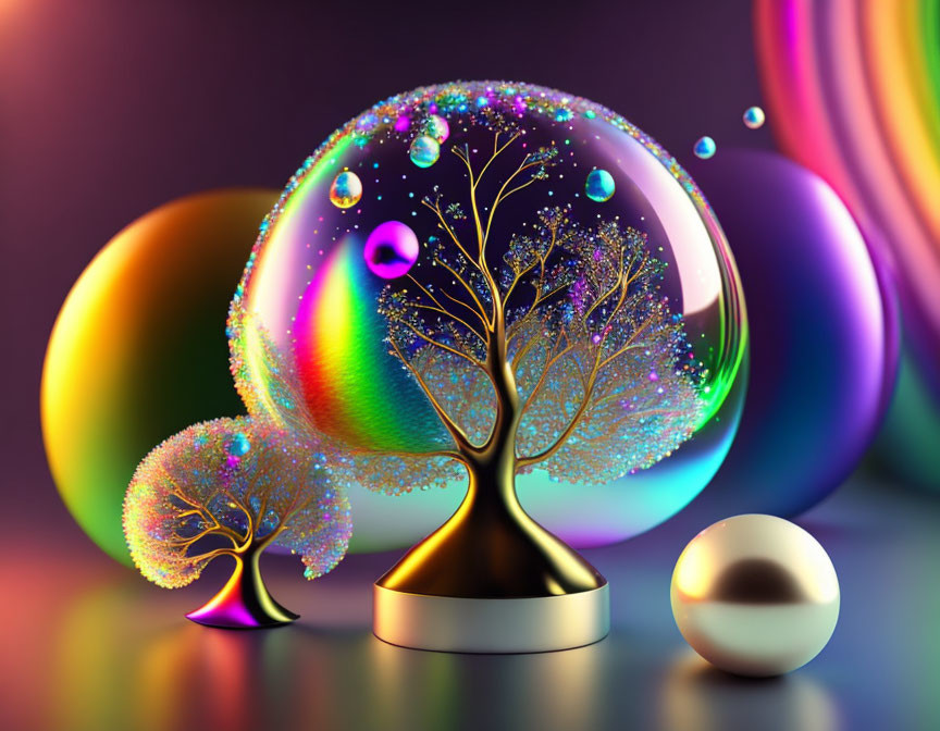 Colorful Digital Art: Golden Tree in Bubble with Metallic Sphere