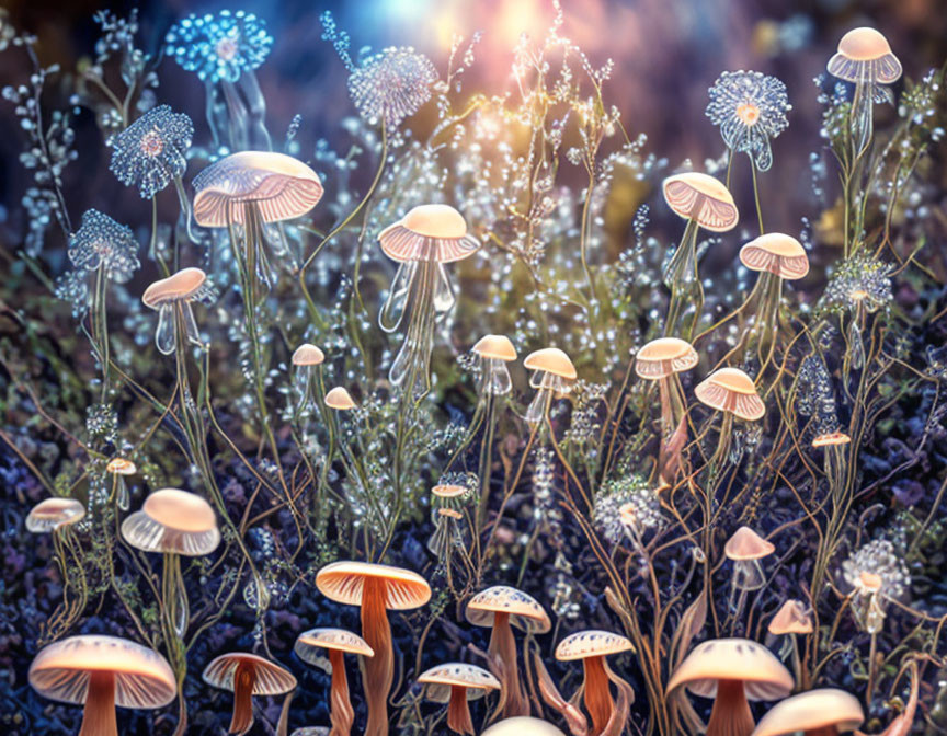 Bioluminescent mushrooms in mystical forest glow softly