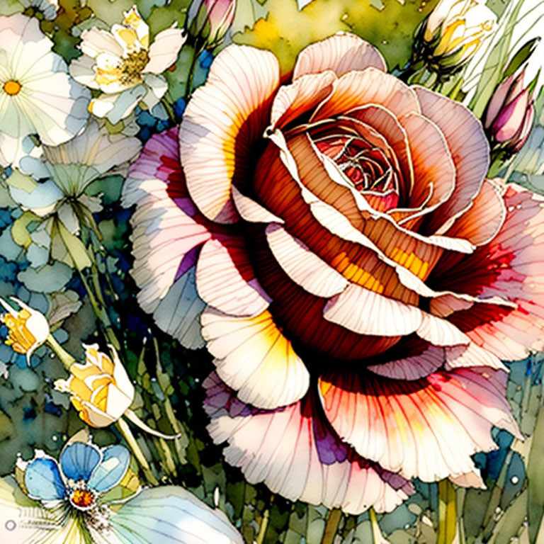 Detailed Vibrant Rose Illustration with Multicolored Petals