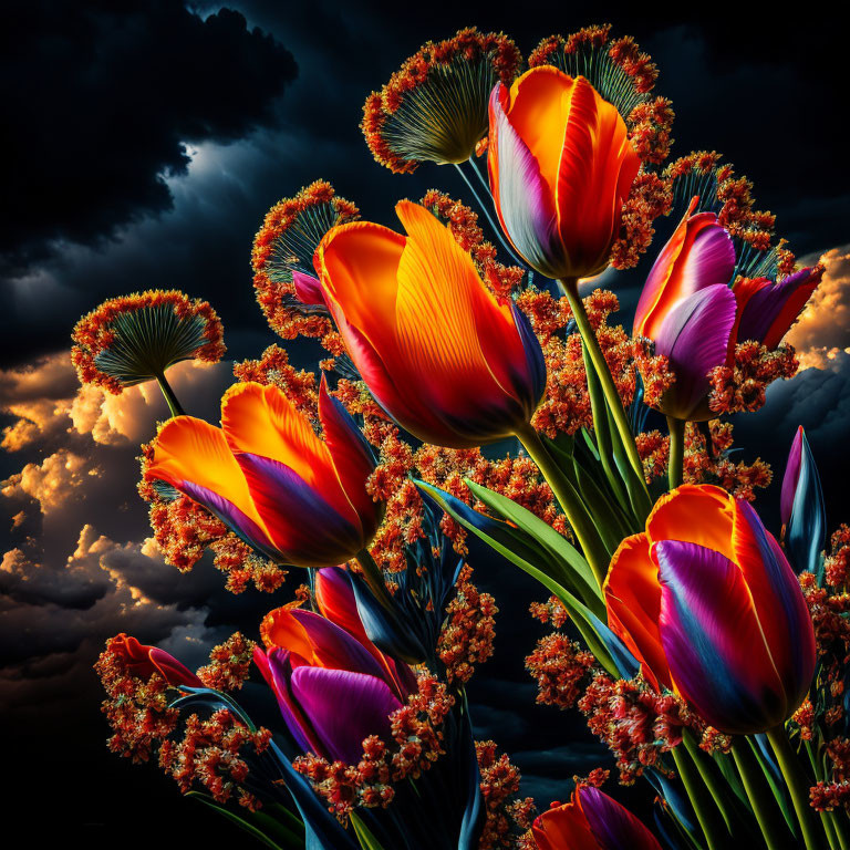 Bright Orange and Purple Tulips Against Dark Cloudy Sky