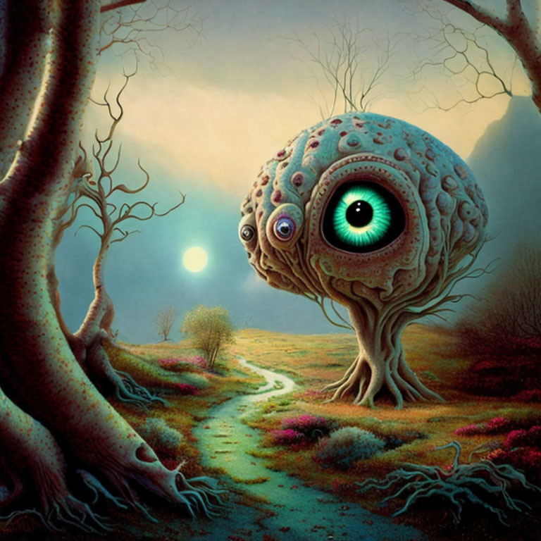 Surreal landscape with tree-trunk creature in moonlit forest