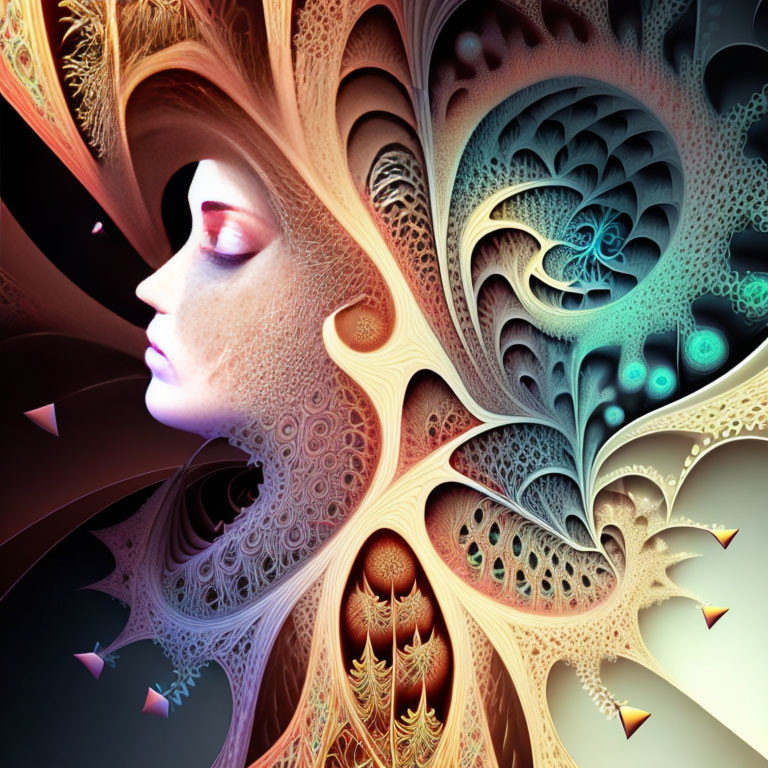 Digital artwork: Woman's profile merges with fractal patterns in vibrant colors