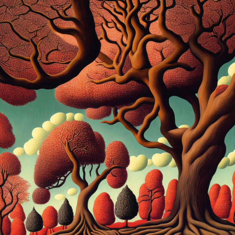 Surreal forest with stylized red foliage trees under teal sky