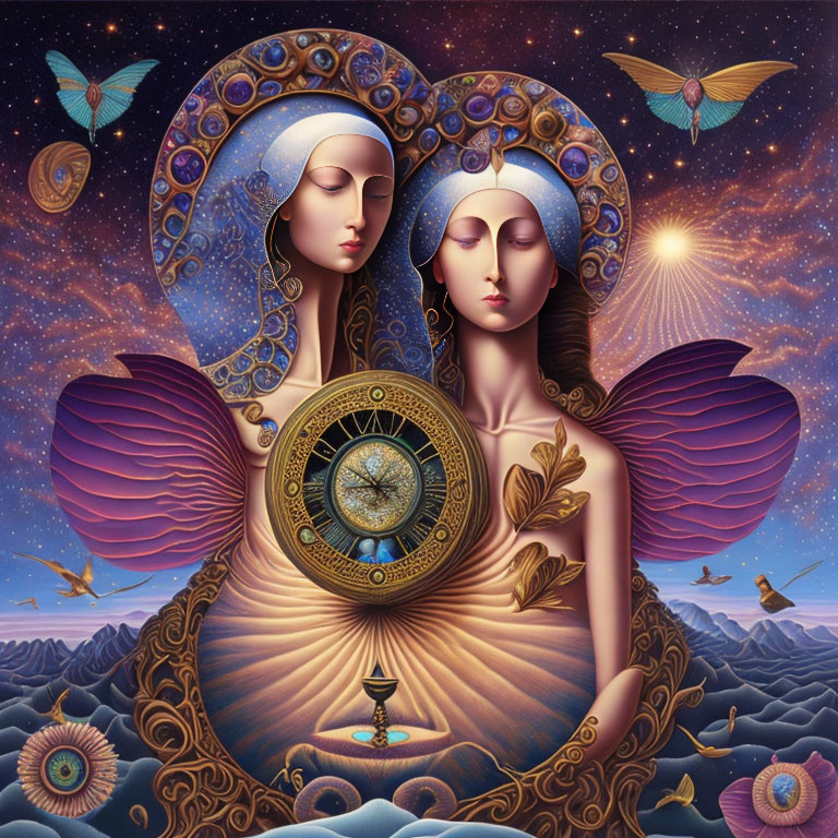 Surreal illustration: mirror-image females with wings holding a clock, starlit sky, floating eyes