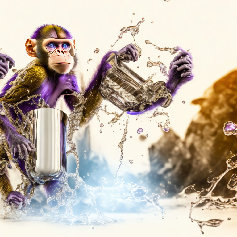 Colorful Monkey with Purple Fur Holding Metal Mugs Splashing Liquid