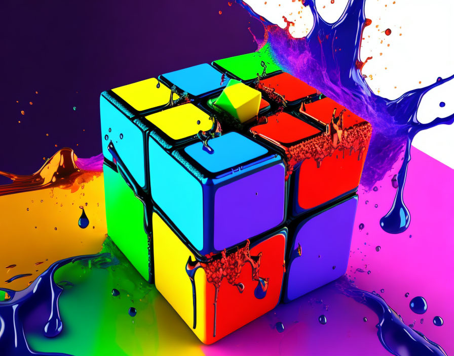 Vibrant 3D-rendered Rubik's Cube with paint splashes on colorful background