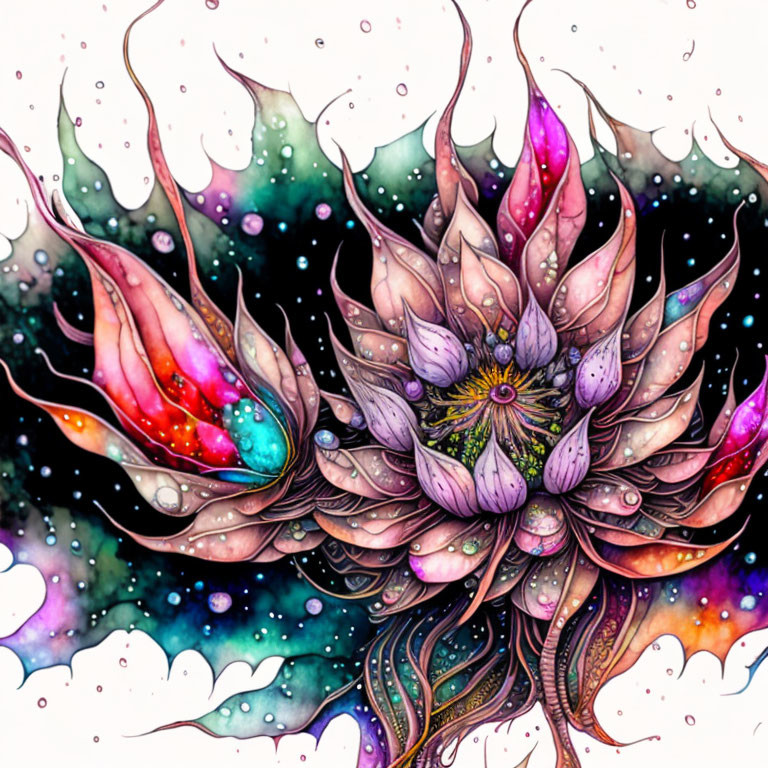 Vibrant cosmic flower illustration with swirling petals on a starry background