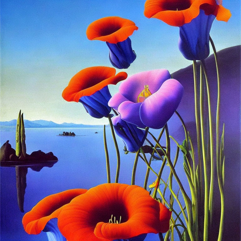 Colorful Painting: Bright Red and Blue Poppies by Tranquil Lake