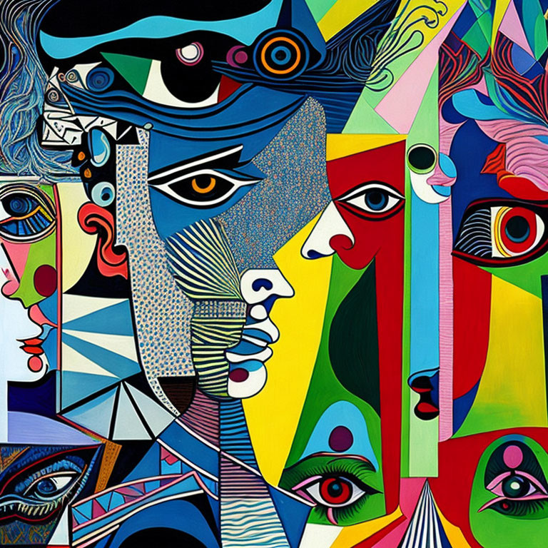 Colorful Abstract Artwork with Multiple Faces and Eyes on Geometric Background