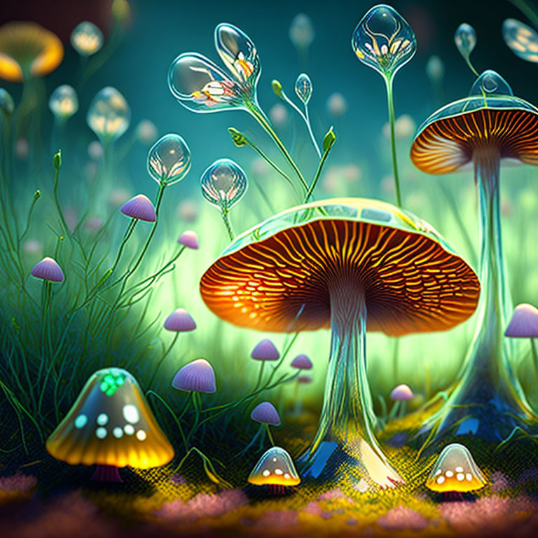 Fantasy scenery with luminous mushrooms and plant-like bubbles on glowing background