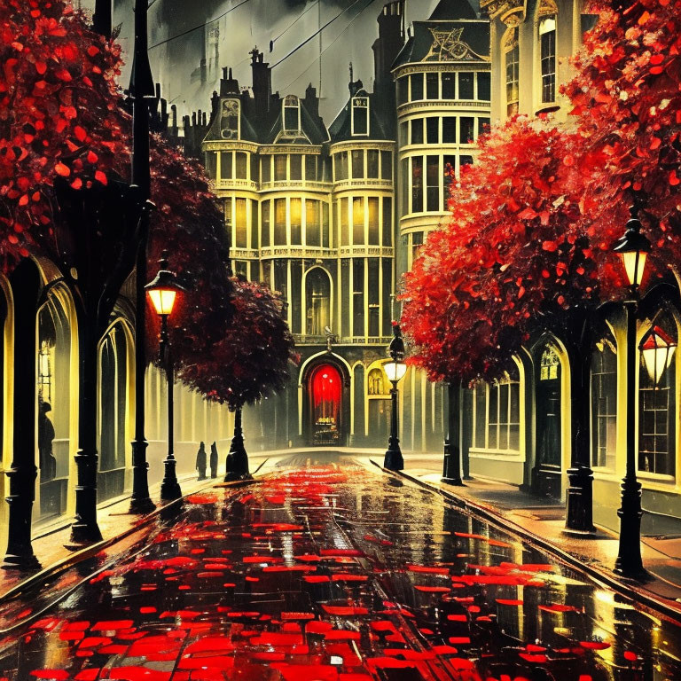 Rainy street scene with glowing lamps and red trees near gothic architecture