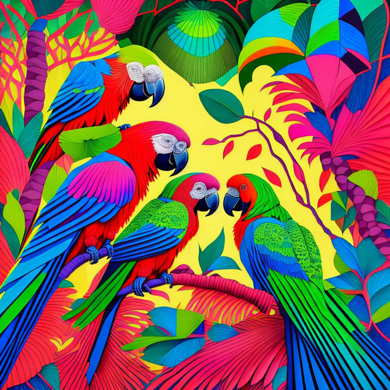 Vibrant tropical foliage with four colorful parrots in warm and cool tones