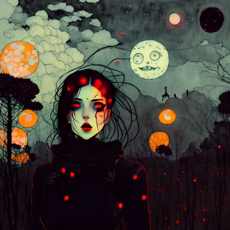 Fantastical woman with red eyes in swirling hair against moon and orbs