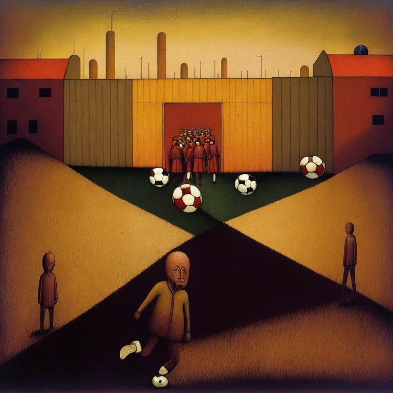 Surreal painting with oversized soccer balls, cityscape, and lonely figures.