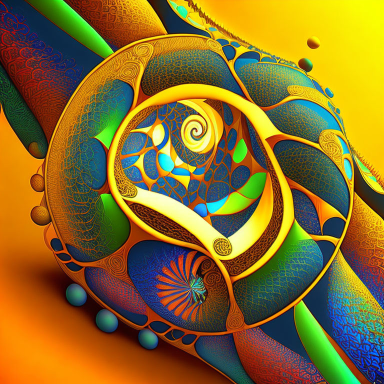 Colorful Swirling Pattern with Intricate Textures in Orange, Blue, and Green