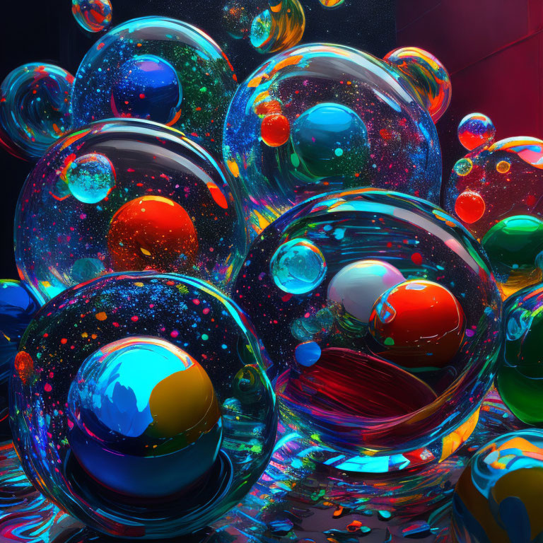 Colorful bubbles with reflections and intricate patterns on dark neon background