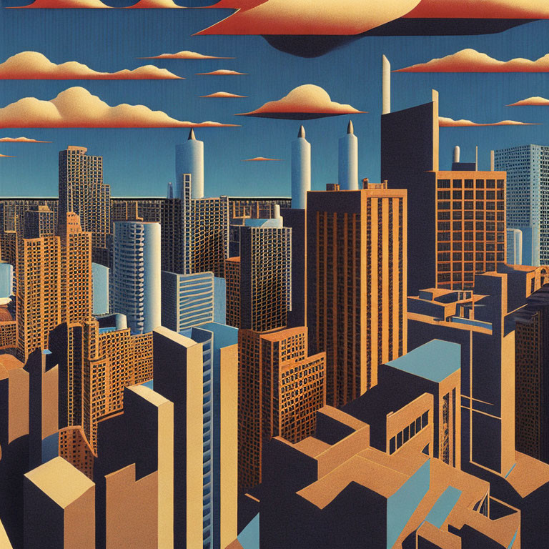 Geometric cityscape under blue and orange sky