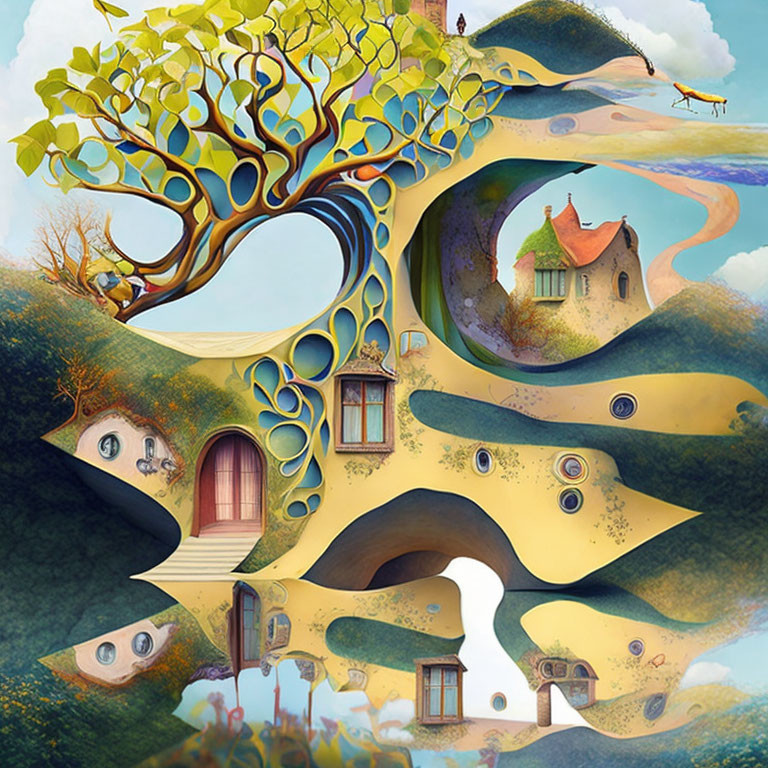 Whimsical tree and winding pathways in surreal landscape