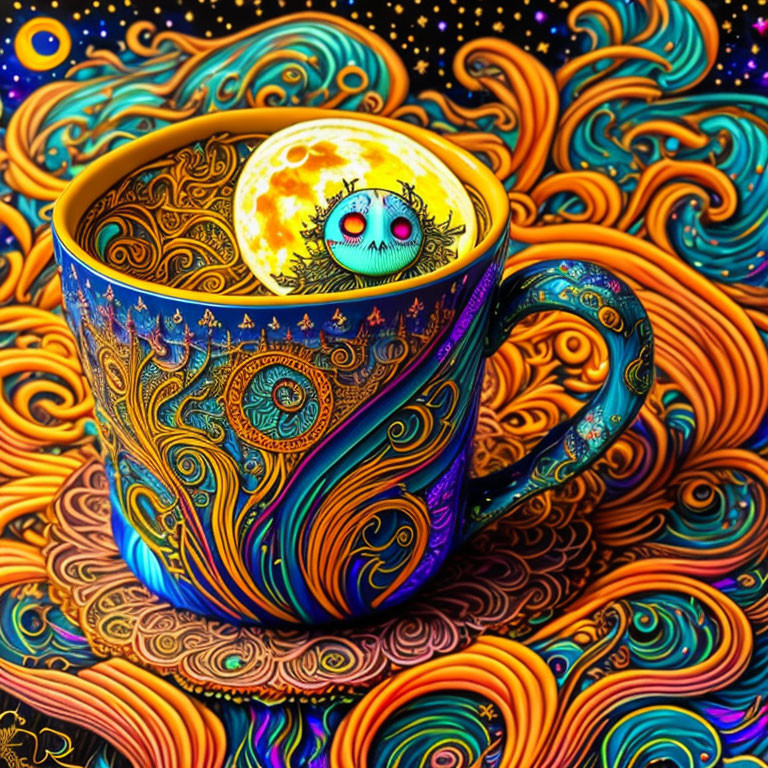 Colorful Psychedelic Cup Illustration with Whimsical Moon and Abstract Background