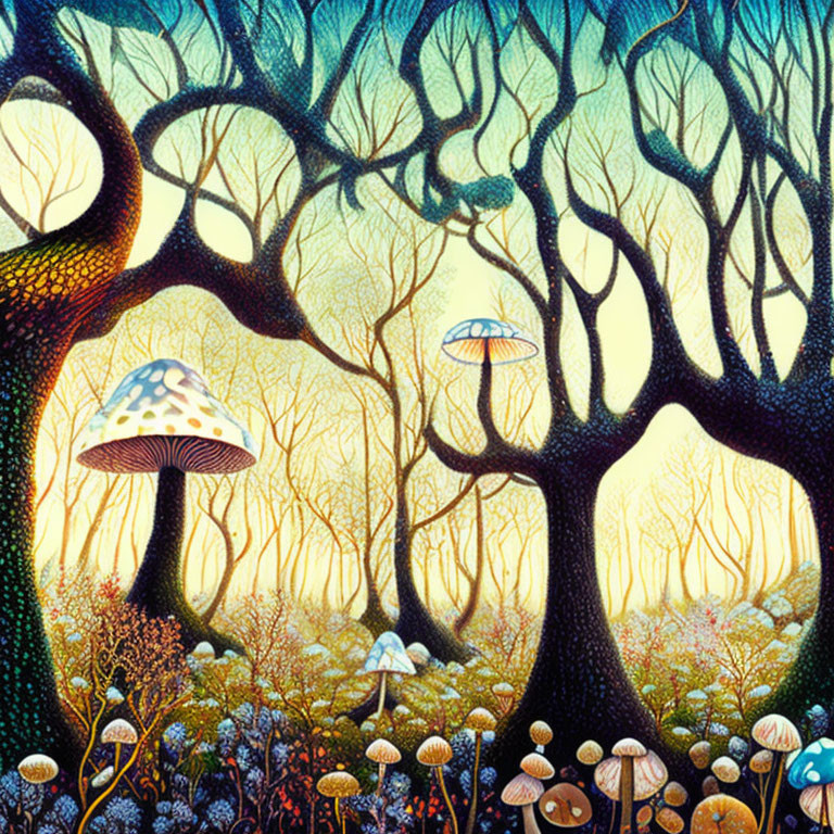 Colorful Mushroom Forest Scene with Stylized Trees