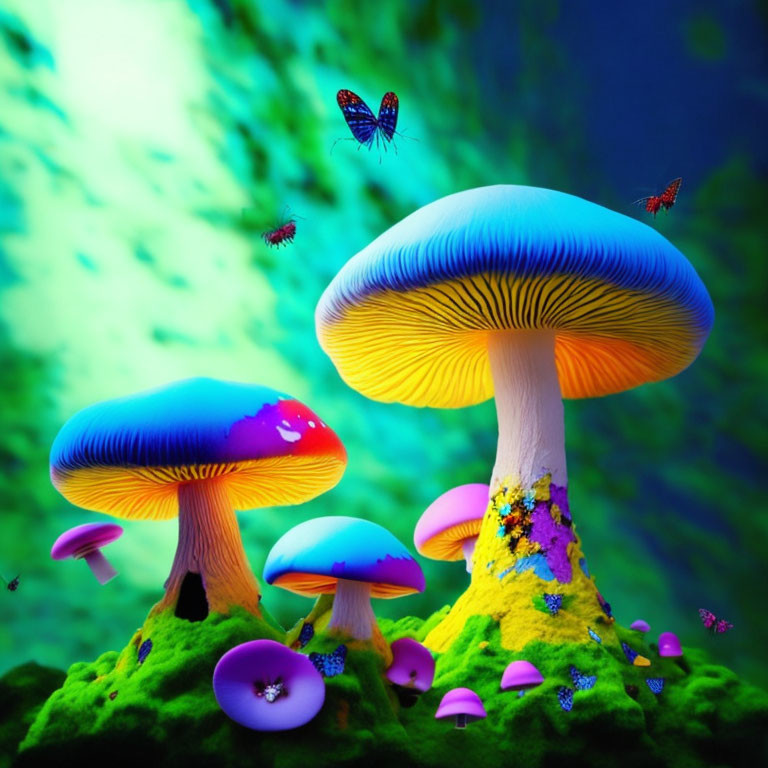 Fantasy mushrooms with luminescent caps and butterflies on moss-covered ground