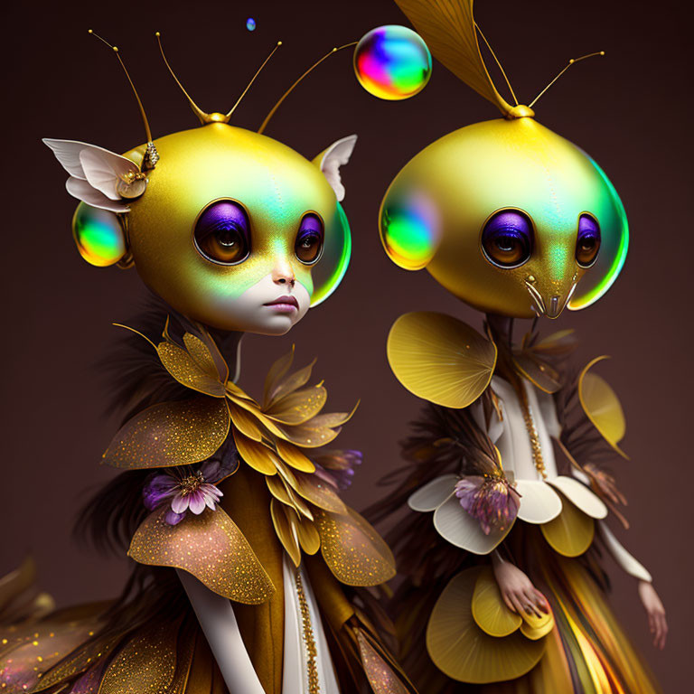 Stylized anthropomorphic bee characters with reflective eyes and floral outfits