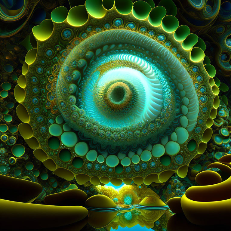 Spiral fractal image with blue and green colors on water surface