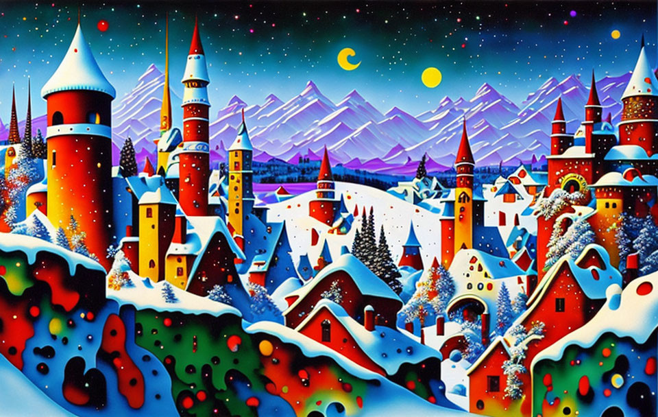 Snowy village painting with colorful buildings and starry night sky