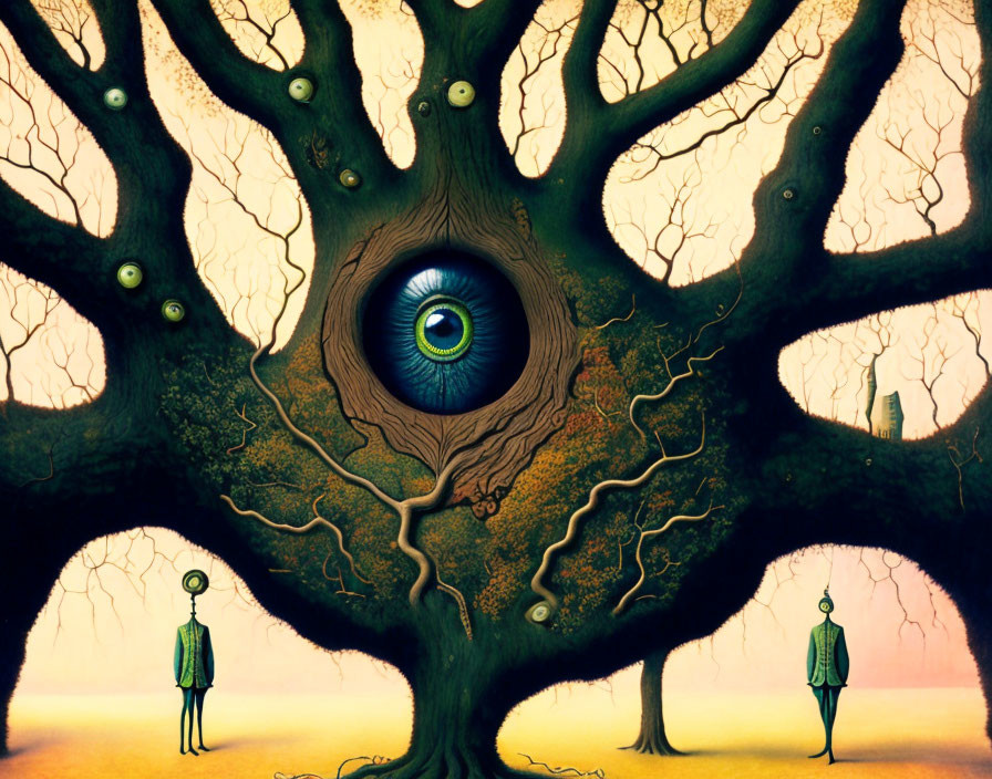 Surreal painting of tree with eye, figures in hat and suit, twilight sky