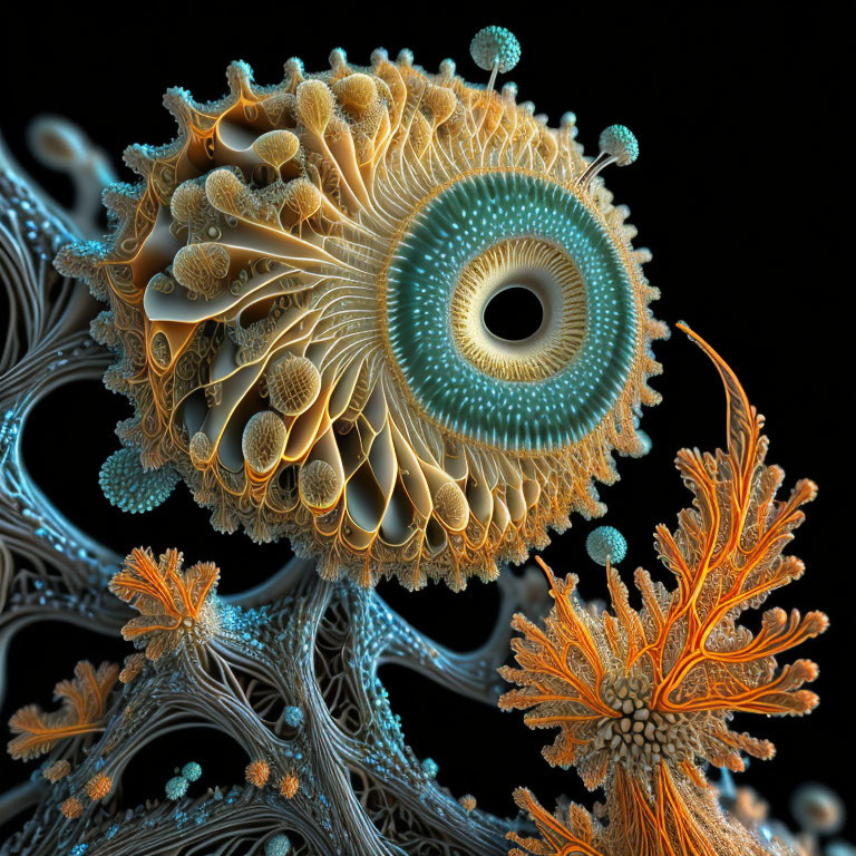 Surreal fractal structure with eye-like form and coral elements