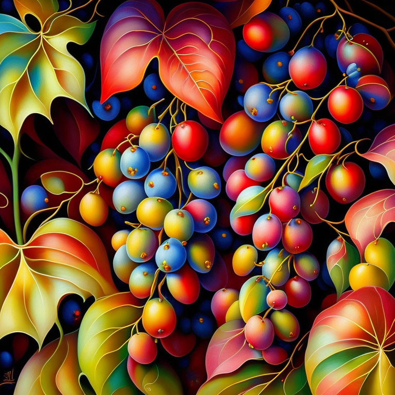 Colorful painting of grape bunches in reds, golds, and greens