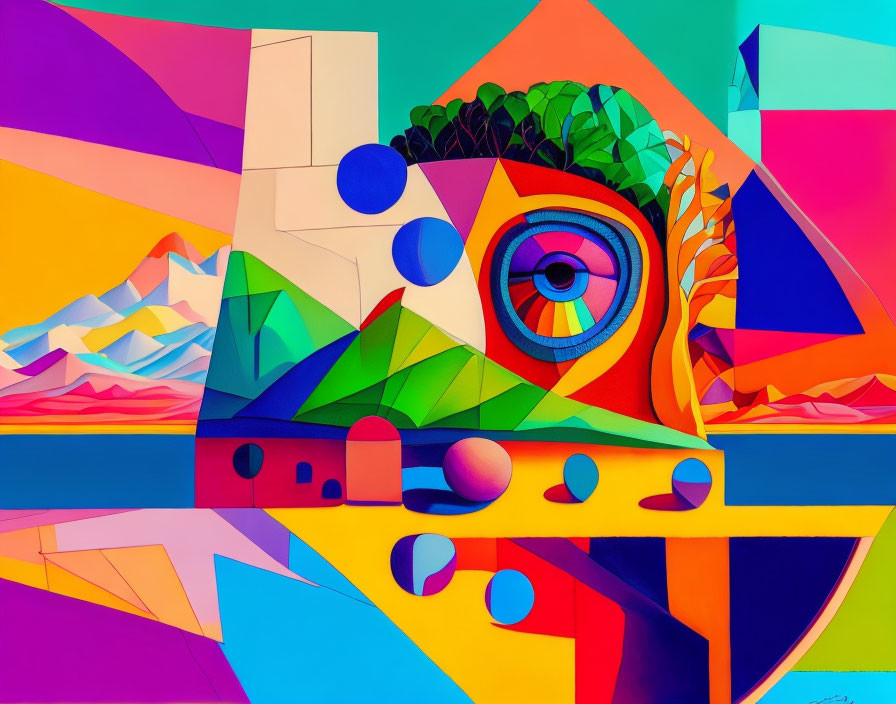 Colorful Abstract Painting with Geometric Shapes and Eye in Surrealist Landscape