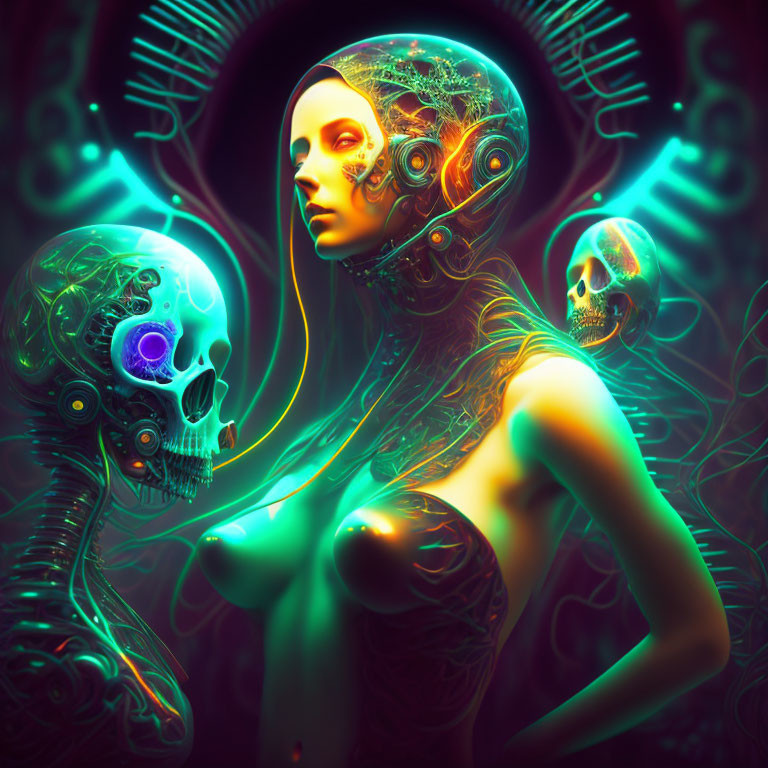 Surreal digital artwork of woman with cyborg features and skulls in neon green setting