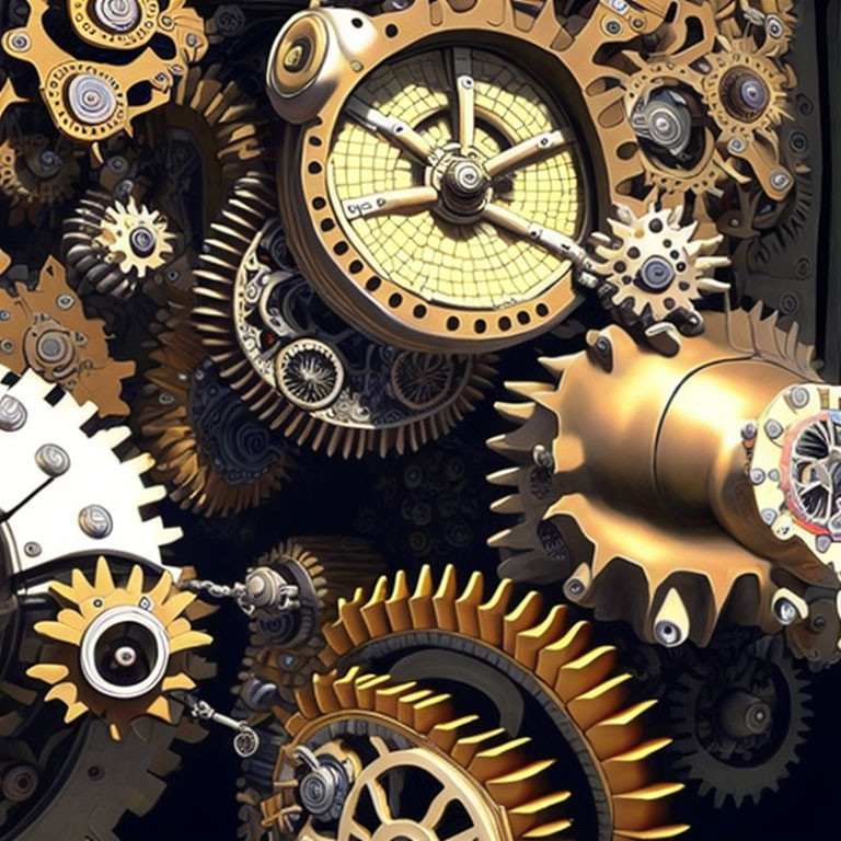 Interlocking Golden Gears and Cogs Display Mechanical Complexity