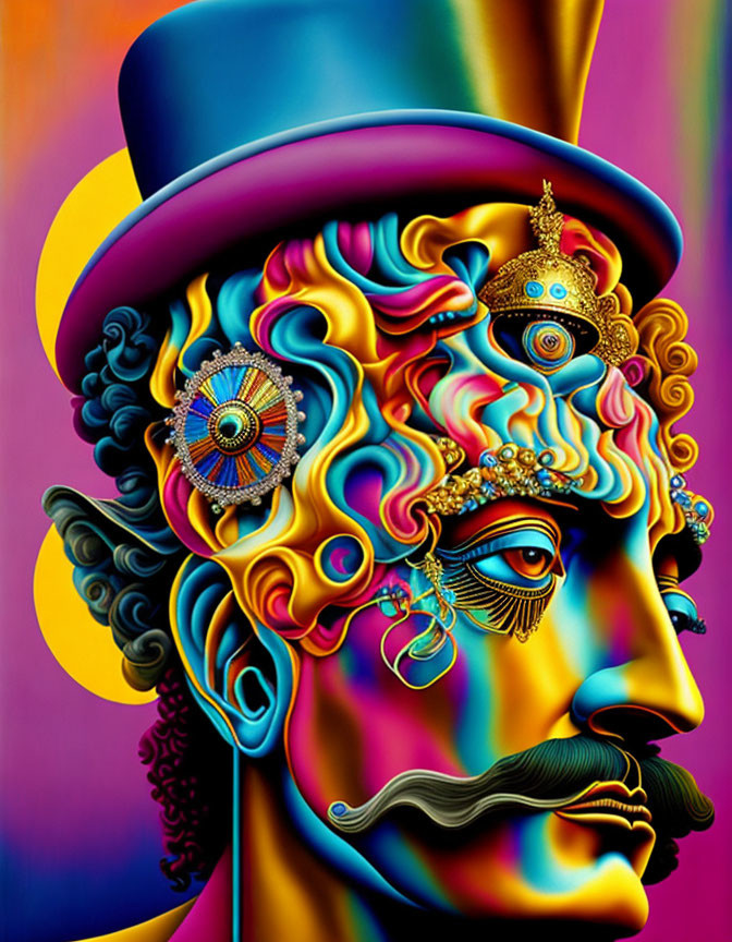 Colorful Psychedelic Portrait of Bearded Gentleman in Top Hat