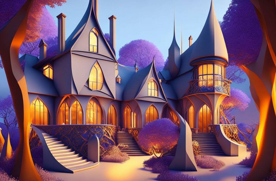 Fantasy mansion with colorful trees in twilight setting