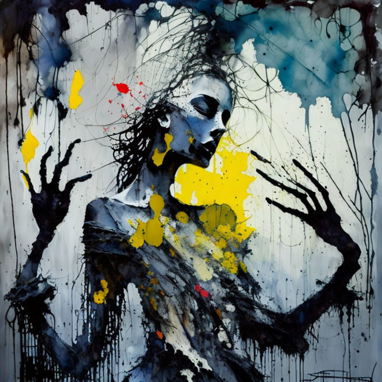 Colorful abstract painting: humanoid figure in yellow and red on blue and black background