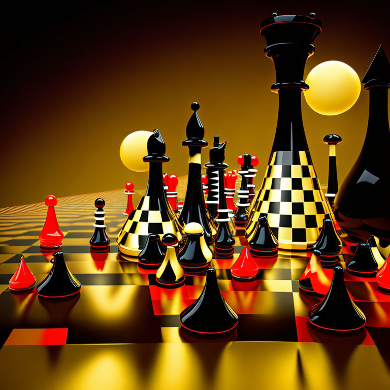 Chessboard and pieces in 3D with glossy finish, red and black sets under warm light