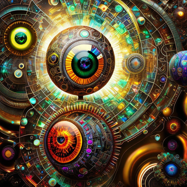 Colorful Digital Art: Vibrant Mechanical Eyes & Futuristic Patterns