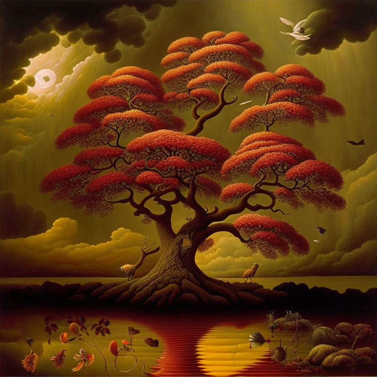 Vibrant red tree, birds, reflective water, moody sky with crescent moon