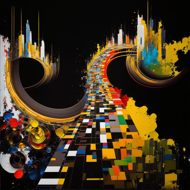 Colorful Abstract Artwork: Swirling Bands & Vibrant Splashes Resemble Cityscape on Checker