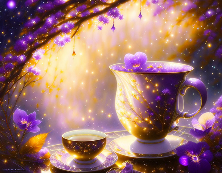 Sparkling cup and saucer with flowers in magical setting