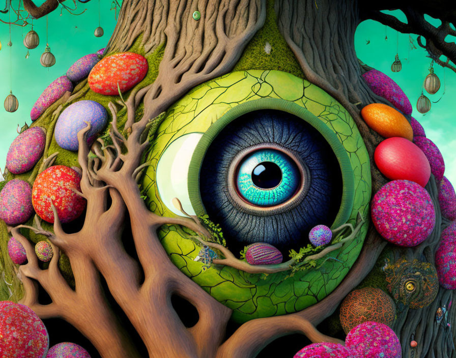 Whimsical tree with oversized blue eye, colorful egg-like objects among roots and branches