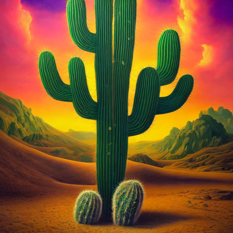 Colorful desert landscape painting with large cactus under dramatic sky