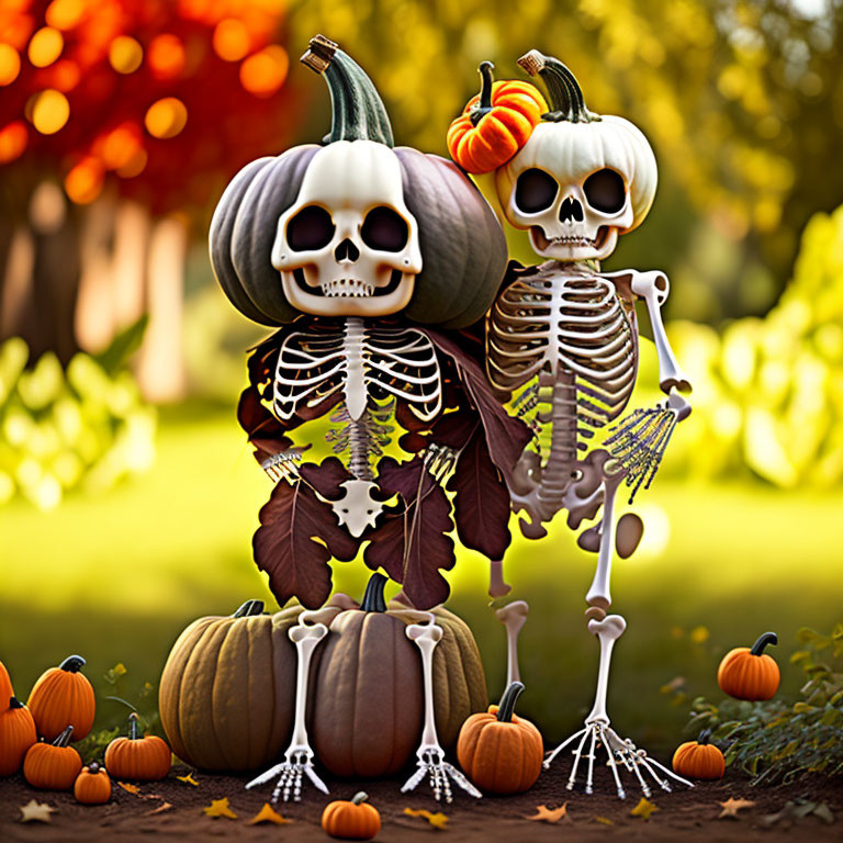 Skeleton Pumpkin Heads Sitting Among Autumn Decorations