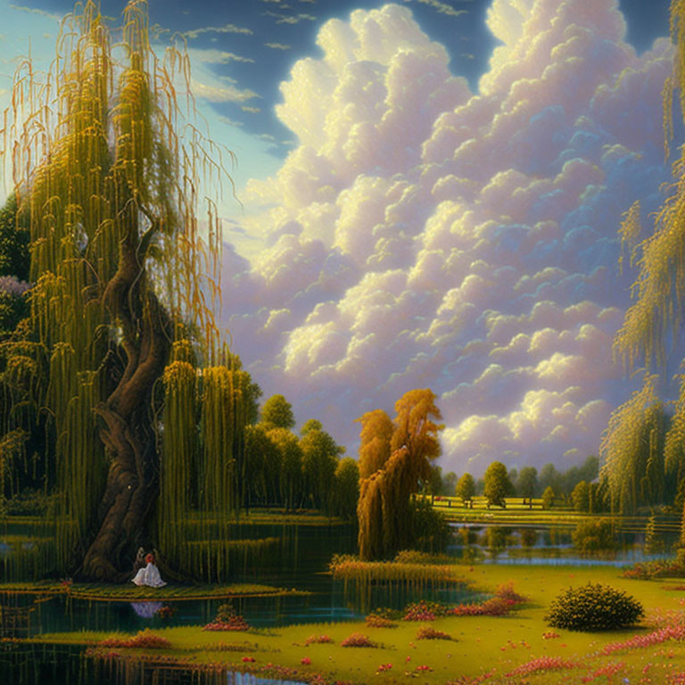 Tranquil landscape with weeping willow by pond and person sitting peacefully